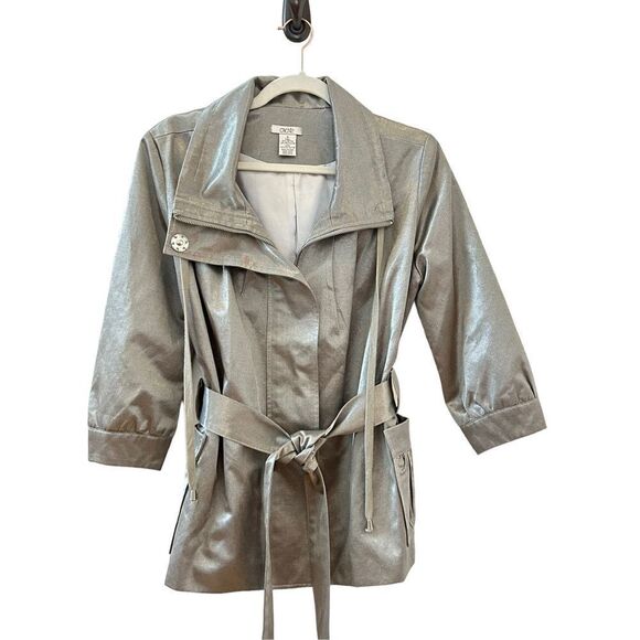 Cache Metallic Belted 3/4 Sleeve Trench Jacket Women’s Silver Size Small - Picture 3 of 7